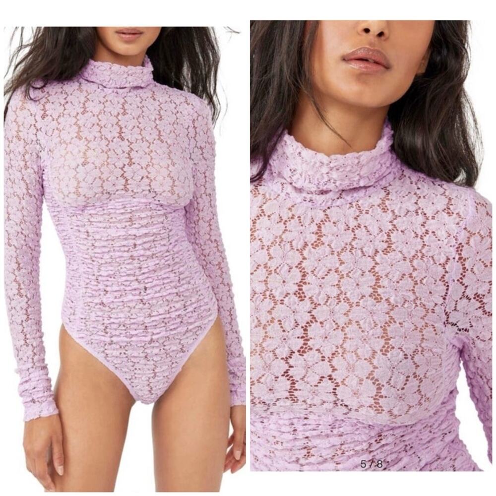 Free People Lavender Lilac Lace Long-Sleeve Bodysuit